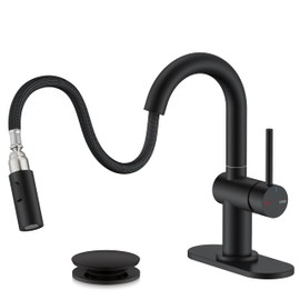 KENES Pull Down Bathroom Faucet with Sprayer, Matte Black Single Handle Bathroom Sink Faucet with Pull Out Sprayer, Vanity Bar Faucet with Pop Up Drain & Deck Plate, KE-9065B-2