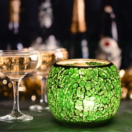 Rancco Glass Votive Candle Holder for Tealight, Romantic Mosaic Cracked Candle Holder, Candle Lamp Aromatherapy Candlescape Bowl for Valentine's Thanksgiving, Christmas Table Centerpiece,Party Decor