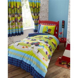 Boys duvet cover set road construction digger builder trucks bedding & curtains available (Duvet Set - Single)