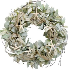 CIR OAOSES 18 Inch Green Ear Lambs Leaves Starfish Wreaths for Front Door, Rustic and Farmhouse Spring Summer Greenery Wreath for Inside and Outside, Grapevine Year Round Wreath for Home Decor