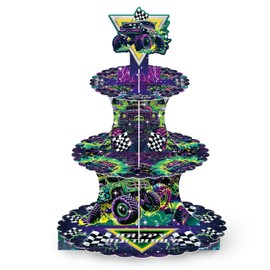 3-Tier Purple and Geen Race Car Truck Cupcake Stand, Monster Truck Cupcake Tower Favors Party Dessert Holder, Race Car Theme Dessert Stand for Kids Boys Birthday Party Decorations Supplies