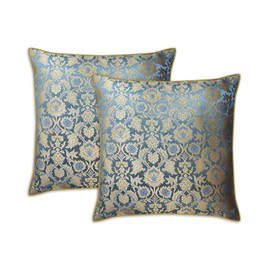 Craftbot Bluish Grey Throw Pillow Covers - Pack of 2 Faux Silk Damask Decorative Pillows - 16X16 Inch - Indian Jacquard Cushion Cover - Cover Only