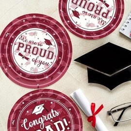 Graduation Paper Plates Congrats Grad Round Disposable Tableware 7 Inch Red White Plaid College School Party Supplies 24 Pcs | 