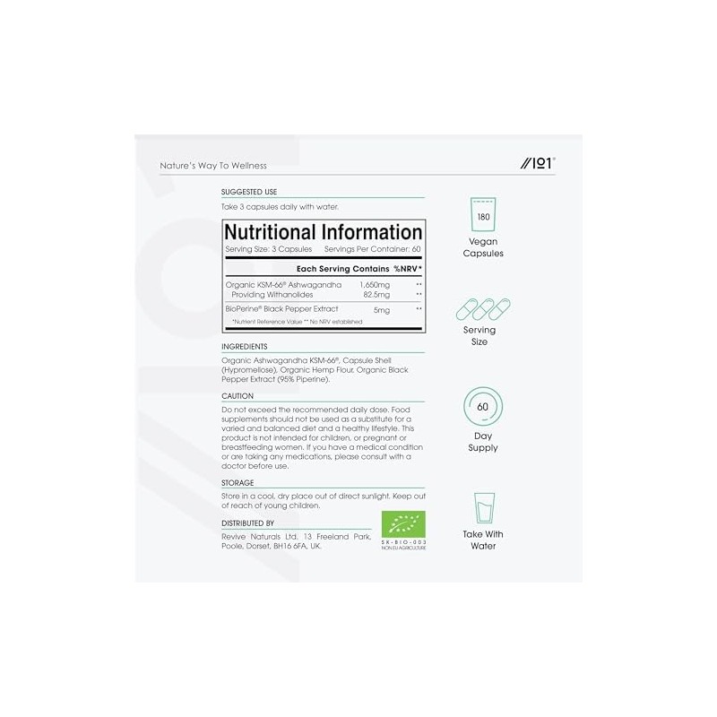 Organic Ashwagandha KSM-66® 1650mg - 5% Withanolides - Black Pepper