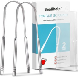 Paquete de 2 raspadores de lengua, limpiador de lengua 100% quirúrgico de acero inoxidable 304 para adultos y niños, cepillo para polvo de lengua profesional para cuidado bucal, mejora el mal aliento