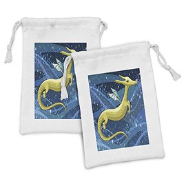 Lunarable Fantasy Fabric Pouch Set of 2, Mythical Dragon Floating in the Space with Stars and Swirls, Small Drawstring Bag for Toiletries Masks and Favors, 9" x 6", Pale Green Dark Blue