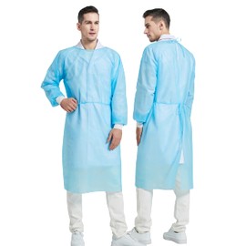 ProtectX (Blue 100 Pack) Disposable Breathable Polypropylene Isolation Gown with Elastic Knit Cuffs, Covered Back, Extra-Long Double Ties, Universal Size