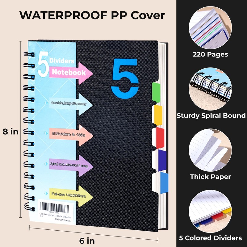 CAGIE 5 Subject Notebook with Dividers 220 Pages Spiral Notebooks