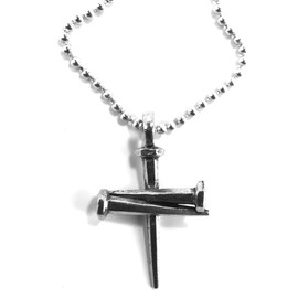 FORGIVEN JEWELRY 3 Nail Cross Antique Silver Finish Pendant Aluminum Ball Chain Necklace
