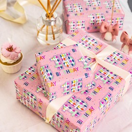 RUSPEPA Birthday Wrapping Paper Sheets with Gift Tags for Teenager Girls' Birthday Gift Wrap, 3 Fold on Sheets Each Set, 50x70cm, Age 15