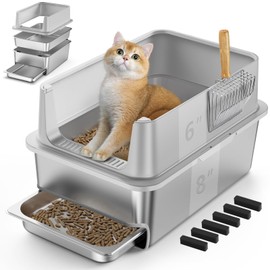 23.6x16x14'' Sifting Litter Box for Pine Pellets, Stainless Steel Litter Box with 6'' Lid & 2 Drawers & Metal Scoop, XL Cat Litter Pan, Odor-Control & Saves Clean Time, Fits Most Cats