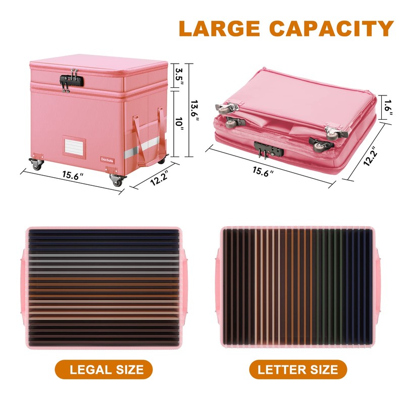 DocSafe File Box with Lock,2-Layer Fireproof Document Box with Wheels,Collapsible