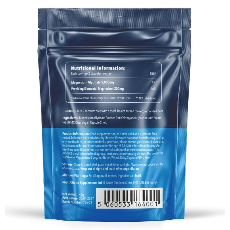 Magnesium Glycinate 1,000mg (per Serving - 2 Capsules) Ideal Strength