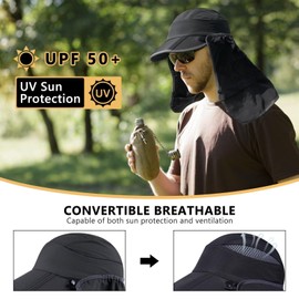 GADIEMKENSD UPF 50+ Fishing Sun Hat for Men Women Foldable Wide Brim Hat with Removable Neck Flap Cooling Breathable Summer Beach Hat for Fishing Hiking Camping Outdoor Black