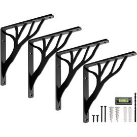 Rustic Tree Black Heavy Duty Shelf Brackets 6 inch by Balin Designs, Decorative L Brackets, Iron Metal Floating Shelf Bracket, Wall Mount Shelving Bracket, Included Hardware, Set of 4