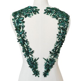 Jpumley.pksn Handmade Beaded Rhinestone Appliques Sew on Crystal Lace Patch 1 Pair for DIY Clothing Wedding Dress Multi-Color Costume Decoration 7.4X18inches (Deepgreen)