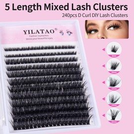 Yilatao Luxury 80D 240 Clusters Eyelash Extensions, 8-16mm D-Curl, Ultra-Volume & Lightweight, Easy DIY, Professional Handcrafted (Model YL-80D, 8-16MM)