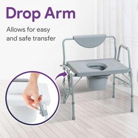 Bariatric Drop Arm Commode Chair - Gray 3 in 1 Commode for Seniors for Bedside, Toilet, or Shower Use with a Steel Frame, Adjustable Height, and Removeable Seat