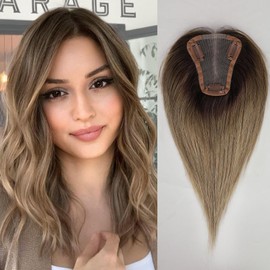 EMMOR Hair Topper For Women, 100% Remy Human Hair For Women With Thinning, Hair Loss Cover Gray Hair, Three Clips on Topper, 3.5in×4in Hand-Tied, 12 inch Ombre Ash Blonde