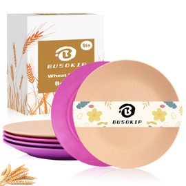 BUSOKIP 6 Pcs Wheat Straw Dinner Plates, 9 Inch Lightweight and Unbreakable Plates, Alternative for Plastic Plates Reusable, Dish Sets for Salad, Dessert, Appetizer (Rose Series)