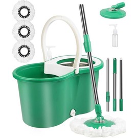Spin Mop and Bucket with Wringer Set, 360° Mop Bucket System with 3 Microfiber Mop Replacement Heads and 61" Stainless Steel for Floor Cleaning:_GREEN