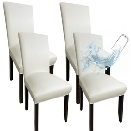 WUSOUPU Leather Dining Chair Covers Set of 4, Waterproof Chairs Covers for Kitchen Room Dining Room Hotel, Made of 4-Way Elastic PU Leather, Wipeable for Quick Cleaning (4 Pcs, White)