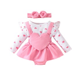 UUAISSO Baby Clothes for Girls with Heart Print Ribbed Romper Onesie Dress Ruffle Bodysuit with Bow and Headband, Pink heart