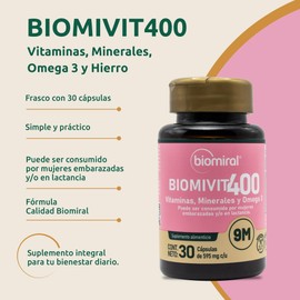 Biomiral Biomivit-400 Multivitamínico Mujer - Vitamina C, B12, Ácido Fólico, Omega 3, Hierro - 30 Cápsulas - Suplemento Bienestar Femenino - Libre de OGM