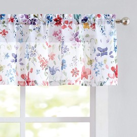 Fragrantex Floral Print Kitchen Curtains 36 inch Length for Cafe Bathroom 3 Piece Semi Sheer Colorful Flower Tiers and Valances Set Rod Pocket,Multicolor