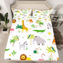 Kids Safari Animal Fitted Sheet Full, Nursery Baby Boy Cartoon Lion Jungle Bed Sheet Set Woodland Forest Wildlife Bedding Set for Kids Boys Girls Kawaii Flamingo Bed Cover(No Flat Sheet)
