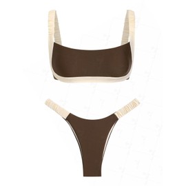 seamoly Contrast Color Red Gingham Spliced High Leg Cheeky Bikini Set, Deep Coffee, Medium