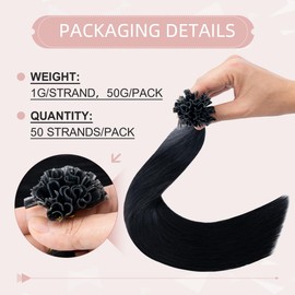 Silk-co 16in Pre Bonded Human Hair Extensions 1g 50 Strands Keratin Real Remy Hair U Tip Nail Fusion #01 Jet Black