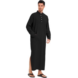 YAOHUOLE Muslim Thobe for Men Long Sleeve Islamic Thobe for Men Long Gown Thobe Black M