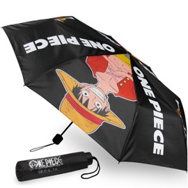 Get Trend One Piece Umbrella for Kids Compact Folding Mini Umbrella Windproof Lightweight Anime Rain Gear for Travel School Gifts for Kids (Black One Piece)