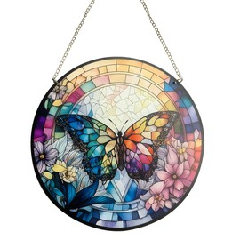 Stained Glass Window Hanging, Acrylic Suncatcher with Metal Chain, Suncatchers for Windows Hanging, Floral/Butterfly Suncatcher, Stained Glass Window Panel for Indoor & Outdoor Decor (butterfly)
