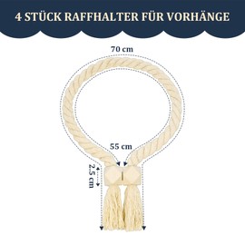 Pack of 4 Magnetic Curtain Tiebacks, Curtain Holders, Curtain Holders, Wooden Boho Curtains, Curtain Tiebacks, Cotton Rope, Tiebacks for Curtains Home Office Curtains Decoration (4, Beige)