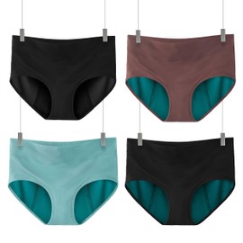 TIICHOO Incontinence Underwear for Women Leak Proof Panties High Waisted Period Briefs Heavy Flow 4 Pack(3X-Large,1 Black/1 Black with Green Lining/1 Turquoise/1 Brown)