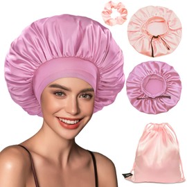 BONNET QUEEN Silk Bonnet for Sleeping Large Satin Bonnet Adjustable Hair Bonnet Elastic Wide Band Sleep Cap for Women Curly Hair(Jade+Dark Rose Gold, 4pcs Item Gift Pack)
