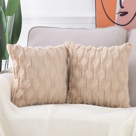 Madizz Set of 2 Soft Plush Short Wool Velvet Decorative Throw Pillow Covers Luxury Style Cushion Case for Sofa Bedroom 55*55cm Khaki