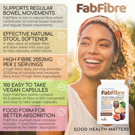 FabFibre – Dietary Fibre Complex (1026mg Fibre per Serving) – Insoluble and Soluble Fiber Supplement – Psyllium Husk Powder, Flaxseed - Supports Daily Bowel Movements - 100 Vegan High Fibre Capsules