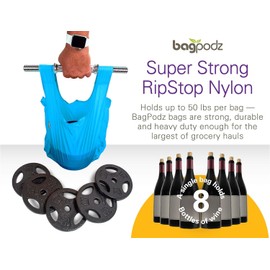 BagPodz Sturdy Reusable Grocery Bags Foldable and Washable - Made From RipStop Nylon Hold 50lbs - Designed in USA Reusable Shopping Bags Inside a Compact Pod with Carry Clip - 10 Pack in Blue