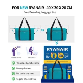 ECOHUB for Ryanair Cabin Bags 40x20x25, Perfect for New Ryanair 40x30x20 Underseat Holdall Carry On Bag, 2Pcs Foldable Travel Duffel Bag, Anti-Tear Lightweight Overnight Weekend Bag, 24L-Bluegreen