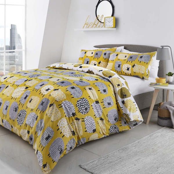 Fusion Dotty Sheep Print Reversible Duvet Cover Set, Ochre, Single