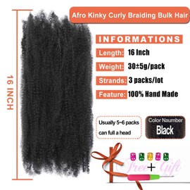 Afro Kinky Curl Braiding Bulk Hair 16 Inch 3 Packs Marley Twist Hair Bulk for Dreadlock Extensions Spring Afro Twist Hair Bulk for Mini Twist Repair Locs (1B#, 16 Inches)