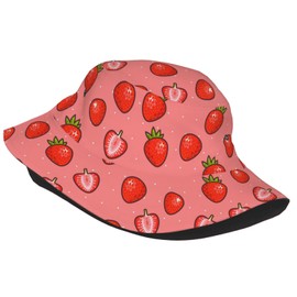 Pink Cartoon Strawberry Bucket Hat Beach Travel Fisherman Hat Packable Sun Hat Cap for Unisex Women Men