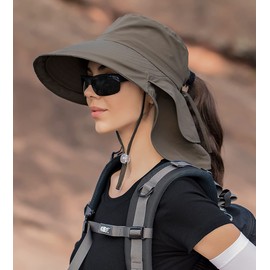 Aenmt Womens Sun Hat with Ponytail Hole，UPF 50+ Wide Brim Outdoor Summer hat Hiking Safari Beach Grdening Fishing Hat with Neck Flap Army Green