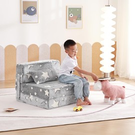 Tiita Kids Folding Sofa Bed Floor Mattress, Trifold Futon Mattress Kids Fold Up Bed, Toddler Fold Out Couch Bed, Foldable Toddler Floor Bed Nap Mat with Storage Bag, Grey Star