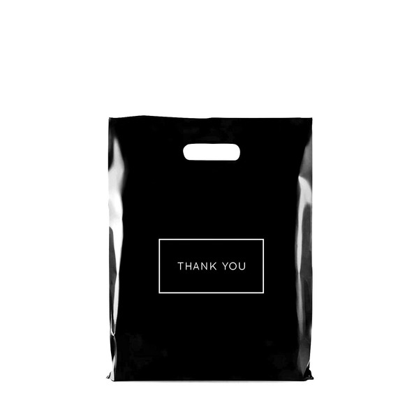 Purple Q Crafts Die Cut Plastic Shopping Bags with Thank You Logo 9" x 12" Boutique Bags with Handles 50 Pack for Merchandise, Gifts, Trade Shows and More
