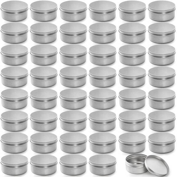 Foraineam 48 Pack 4 oz Screw Lid Metal Round Tins, Silver Aluminium Empty Candle Tins Storage Tin Jars, Cosmetic Sample Containers Travel Tin Cans for Salve, Cream, Spices or Candles