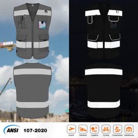TCCFCCT Mesh Grey Safety Vest for Men Women 9 Pockets High Visibility Vest for Safety, Reflective Vest for Construction Work, Hi Vis Vest with Reflective Strips, Meet ANSI/ISEA Standards, Large
